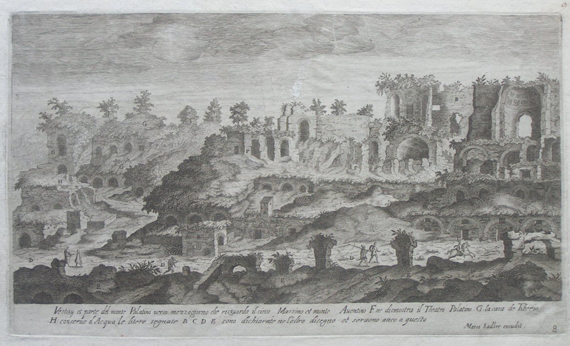 Print - Vestigii et parte del monte Platino verso mezzogiorno che risguarda il circo massimo et monte Aventino F. ne dismostra il Theatro Palatino. G. la casa de Tiberio. H. conserve d Acqua le litere segnate B C D E sono dichiarate ne saltro disegno et servono anco a questo. - Sadeler